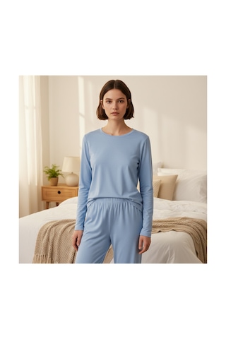 Feg Store %100 Pamuk Bebek Mavisi Yumuşak Dokulu Uzun Kollu Kadın Pijama Takımı Mavi