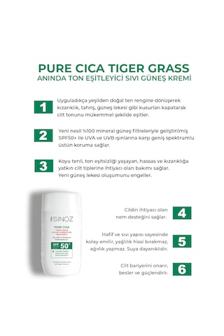 Sinoz SPF50+ Pure Cica Ton Eşitleyici Yüz Bakım Kremi - Yeni Nesil Mineral Güneş Filtresi