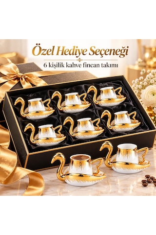 Valkyrie Kuğu Serisi 6 Kişilik 12 Parça Gold Kuğu Tasarımlı Türk Kahvesi Fincan Takımı Hediyelik Set Beyaz Altın