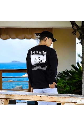 Sweatshirt Unisex Siyah Los Angeles Baskılı Oversize Sweatshirt Siyah