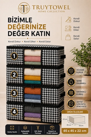 4'lü Fermuarlı Kazak Hurcu 65x45x22 Cm Dolap Düzenleyici Giysi Saklama Hurcu Çok Amaçlı Organizer Siyah Pencereli