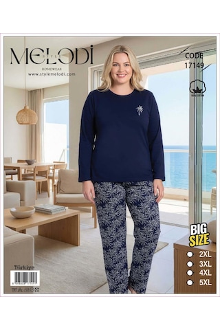 Melodi Kadın Büyük Beden %100 Pamuk Bisiklet Yaka Uzun Kollu Baharlık Pijama Takımı 17149 - 1 Adet Lacivert
