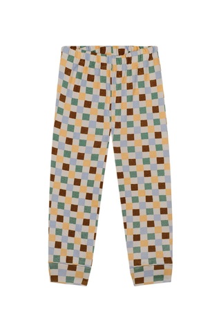 Antebies Organik Gots Sertifikalı Pastel Damalar Desen Bel Lastikli Tshirt Pantolon Erkek Çocuk Pijama Takımı Bej