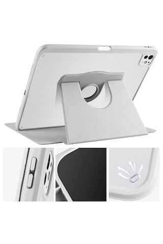 Arabulalaca Apple Uyumlu iPad Pro 13 2024 Gri Renk Kalem Bölmeli Dönebilen Standlı Kılıf Standlı Kapak