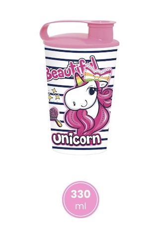 2'li Unicorn Çocuk Meşrubat Bardak Seti, Pipetli Kapaklı Su Süt Meyve Suyu Bardağı 330 Ml 2 Li Set Pembe