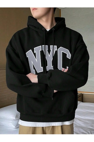 Altamira Erkek Siyah Nyc Baskılı Oversize Kapşonlu Sweatshirt 001