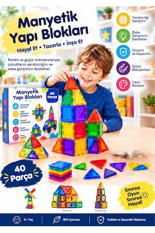 Teknozeel Manyetik Yapı Blokları 40 Parça Mıknatıslı 3 Boyutlu Eğitici Zeka Geliştirici Oyuncak Seti