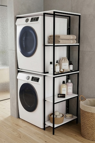 Çamaşır Makinesi Dolabı Yan Raflı Dolap Metal Banyo Organizer Çok Katlı Düzenleyici 264 Siyah Beyaz