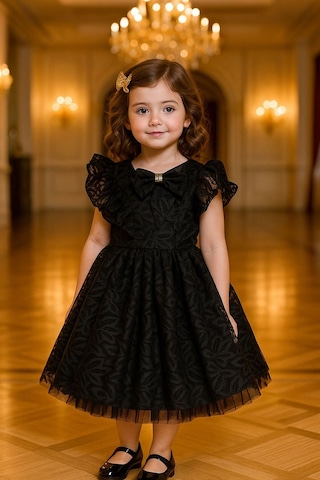 Kız Çocuk Siyah Tül Desenli Doğum Günü Hediye Şık Prenses Elbise Siyah