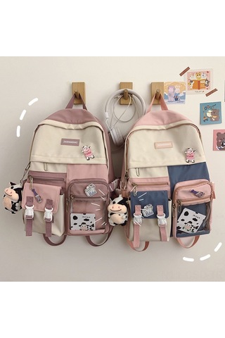 Samdoo Mavi Üniversite Stili Şeffaf Çift Askılı Çanta - Yavru Buzağı Askılı Ve 3 Kartun Sticker İle Sevimli Kadın Çantası MAvi