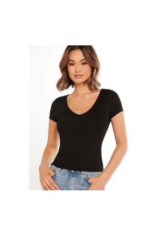 V Yaka Siyah Renk Fitilli Kısa Kollu Slim Fit Crop Top Bluz Siyah