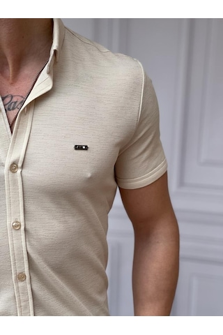 Modefendi Slim Fit Pamuk Örme Polo Yaka Kısa Kollu Gömlek Bej