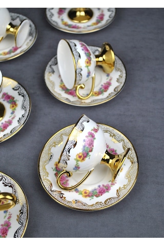 6 Kişilik Porselen Pembe Çiçekli Vintage Gold Ayaklı Kahve Fincan Takımı 90 Ml