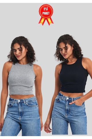 Comeor Kadın Siyah-beyaz Fitilli Görünümlü Askılı Kalın Esnek Örme 2'li Basic Crop Atlet Bluz Cmrb93 001