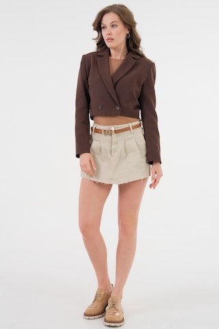 Acı Kahverengi Kruvaze Crop Blazer Ceket Acı Kahverengi