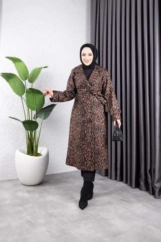 Harman Butik Kadın Astarlı Leopar Desenli Kaşe Kaban Kahverengi Kahverengi