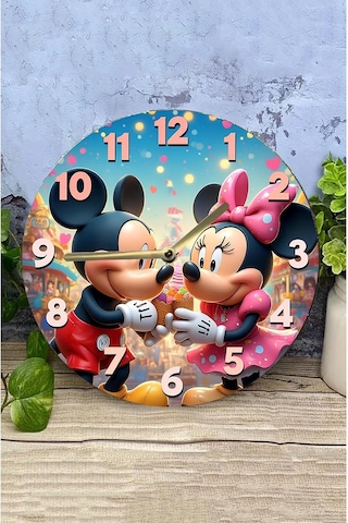 Kututr Mickey & Minnie Temalı Renkli Mdf Duvar Saati 3d Görünümlü Sessiz Mekanizmalı 2d Hd Baskı Sdw242,s
