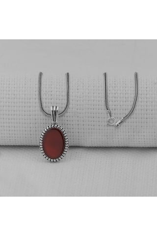 Takıhan Kırmızı Akik Taşlı Oval 925 Ayar Erkek Gümüş Kolye