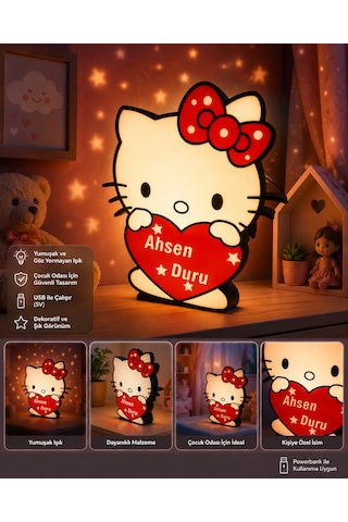 İsimli Hello Kitty Figürlü Led Gece Lambası Usb Çocuk Odası Dekoratif Masa Lambası Karma