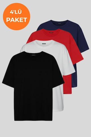 Soft&Basic Kadın 4'lü %100 Organik Pamuk Oversize Fit Basic Yuvarlak Yaka T-shirt Siyah-beyaz-kırmızı-lacivert
