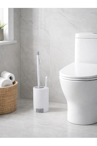Modern Çizgili Tuvalet Fırçası Ve Standı Kapalı Hazneli, Şık Wc Fırçası Seti Vıchy-7039 Gümüş