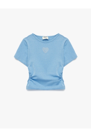 Koton Bisiklet Yaka Slim Fit Kalpli Taşlı Büzgü Detaylı Pamuklu Kısa Kollu Crop Bluz Mavi 6skg60007ak Mavi