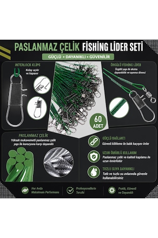 Valkyrie 60 Adet Çelik Fishing Leader Seti Paslanmaz Çelik Olta Halatı Lider Teli 3 Boy Karışık