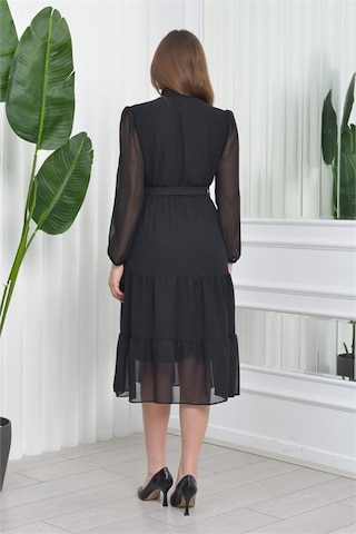 Neşeli Butik Kadın Kemerli Midi Boy Gipeli Şifon Elbise Nb7156 - Siyah Siyah