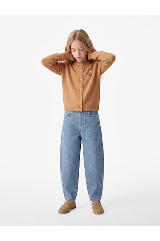 Koton Ayıcık Nakışlı Slim Fit Bisiklet Yaka Uzun Kollu Triko Hırka Açık Kahverengi 7wkg90067ht