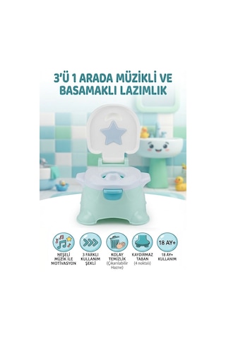 3 in 1 Müzikli Basamaklı Lazımlık Pilli ve Kaydırmaz Tabanlı Eğitici Hijyenik Tuvalet Eğitimi Seti Çok Renkli