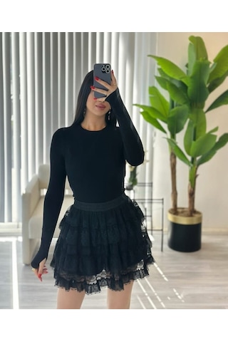 Fashion Cocktail Gotik Puantiyeli Puanlı Kat Tül Tütü Şortlu Beli Lastikli Dantelli Baharlık Yazlık Kombin Etek Siyah Siyah