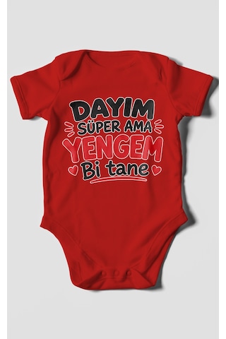 Morivokids Dayım Süper Ama Yengem Bi Tane Kısa Kollu Bebek Body %100 Pamuk Kırmızı