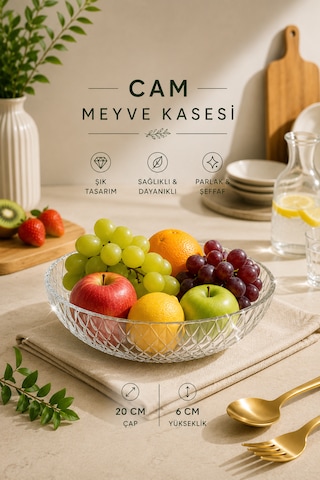 Modern Baklava Desenli Cam Salata Kasesi Meyve Sunumluk Kase Orta Boy 21 Cm Şeffaf