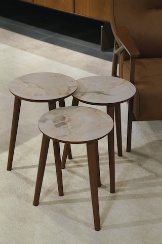 Madrid 3'lü Zigon Sehpa %100 Mdf Yuvarlak Buz Gri Mermer Desen