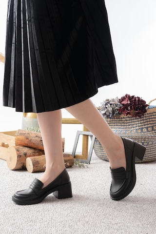 Asmi Shoes Kadın Melina Siyah Cilt 6 Cm Topuklu Loafer Ayakkabı Siyah Siyah