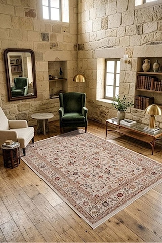 Renkli Vintage Modern Salon Koridor Yatak Ve Oturma Odası Halısı Krem