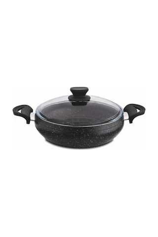 Granit Pro 26 Cm Basık Granit Güveç Tencere Siyah Bakalit Saplı Cam Kapaklı Yapışmaz