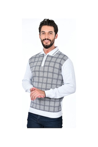 Kamalı Yakalı Baba Kazak Çizgili Baba Kazak Baba Triko Yakalı Erkek Kazak Polo Yaka Beyaz