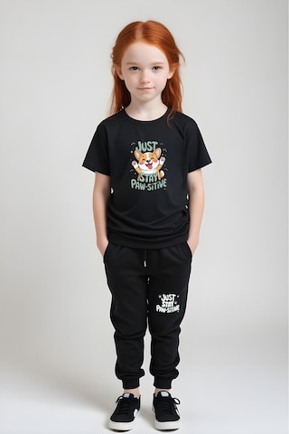 Just Stay Paw Baskılı Kız Çocuk Tişört Ve Eşofman Alt-üst Takım Siyah