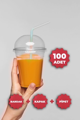 Plastik Milkshake Bardağı Kapak Pipet 12 Oz 350 Cc - 100 Adet