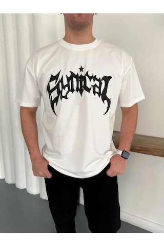 Vexor Erkek Bisiklet Yaka Ön Baskılı Kısa Kollu Tişört Streetwear Günlük Basic Pamuklu T-shirt - Bey Beyaz