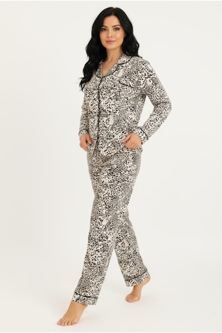 Bravie Luxury Viscose Siyah Beyaz Dalmaçya Desenli Kadın Uzun Kollu Büyük Beden Pijama Takımı 42533 LEOPAR