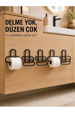 Siyah Metal Tuvalet Kağıdı Tutucu 5 Li Set Yapışkanlı Duvar Tipi Banyo Wc Askısı Najmaddin Çok Renkli