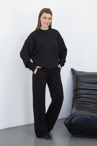 Penyebizden Kadın Pamuk 3 İplik Şardonsuz Oversize Sweatshirt & Geniş Paça Eşofman Altı Takım-siyah