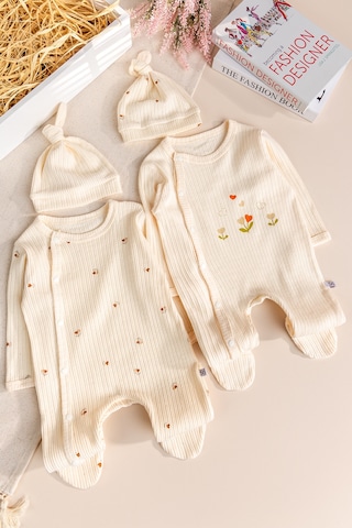 Babymod Çiçek Desenli Şapkalı 2'li Pamuklu Kız Bebek Tulum Set Ekru
