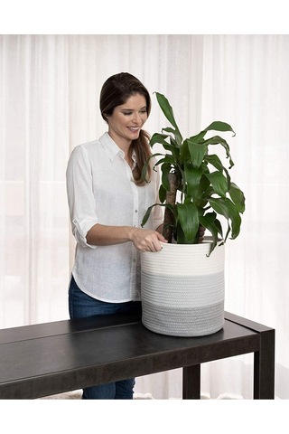 Ikili Dekoratif Jüt Saplı Hasır Sepet Saksı 30 Cm Ve 25 Cm , Dekoratif Saksı Ve Havluluk Gribeyaz