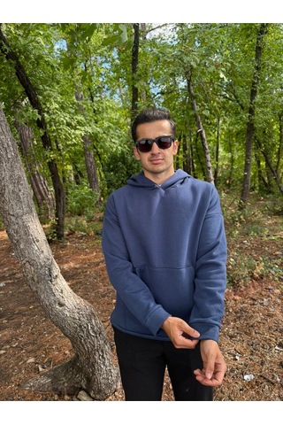 Erkek 3 İplik Basic Oversize Kanguru Cepli Kapüşonlu Sweatshirt Lacivert
