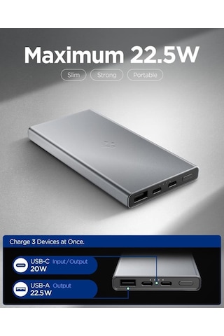 Spigen 10000 Mah Slim Alüminyum Kasa 22,5w Usb-c + Usb-a Giriş / Çıkış Hızlı Şarj 3 Portlu Powerbank / 1 Metre Type-c Harici Kablolu Taşınabilir Şarj Cihazı + Taşıma Çantası Ea2210 Gray Gri