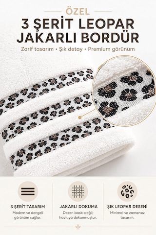 2 Parça Banyo Havlu Seti %100 Pamuk Leopar Deluxe 70x140 Cm + 50x90 Cm Beyaz