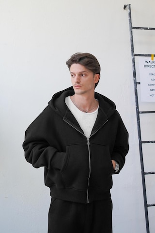 Siyah Cozy Basic Tam Fermuar Oversize Sweatshirt Siyah